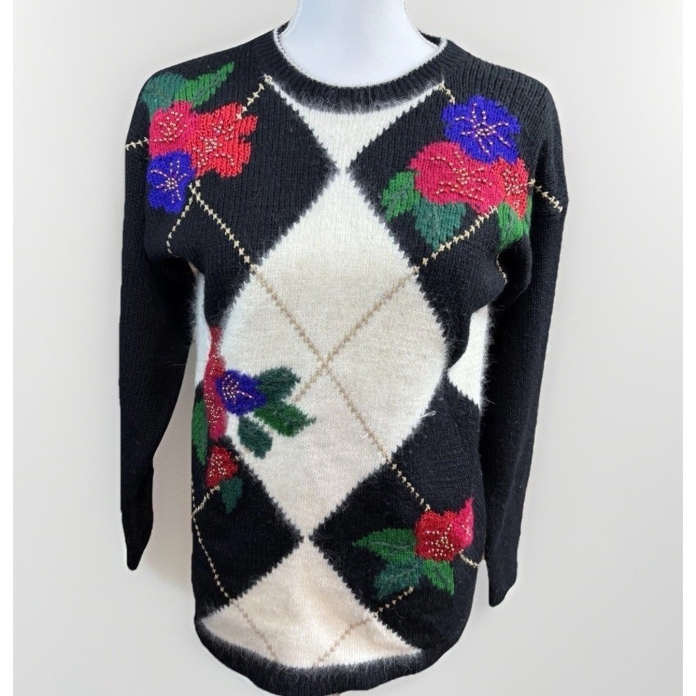 Dana Scott Argyle Floral Beaded Sweater Womens Small Black Vintage Style